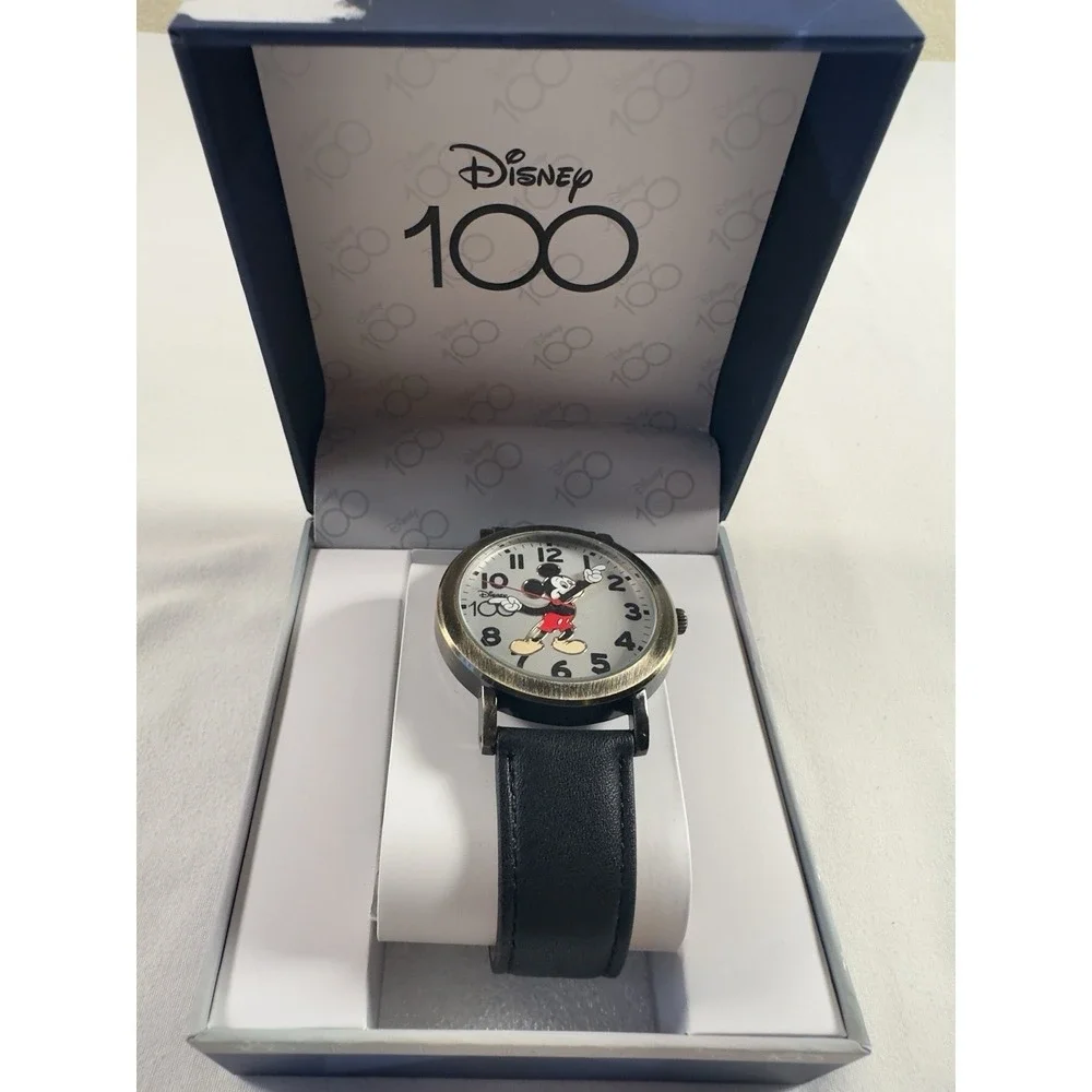 Disney 100th Anniversary Mickey Mouse Watch Moving Hands Black Strap NIB